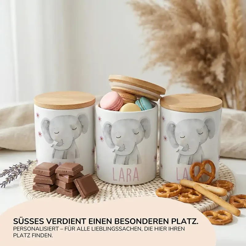 Personalisierte Keksdose Elefant Blumen – Keramik & Bambus mit Wunschname