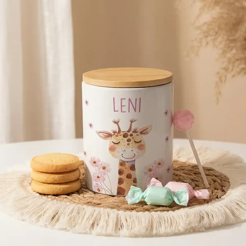 Personalisierte Keksdose Giraffe Blumen – Keramik & Bambus mit Wunschname