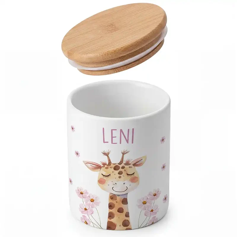 Personalisierte Keksdose Giraffe Blumen – Keramik & Bambus mit Wunschname