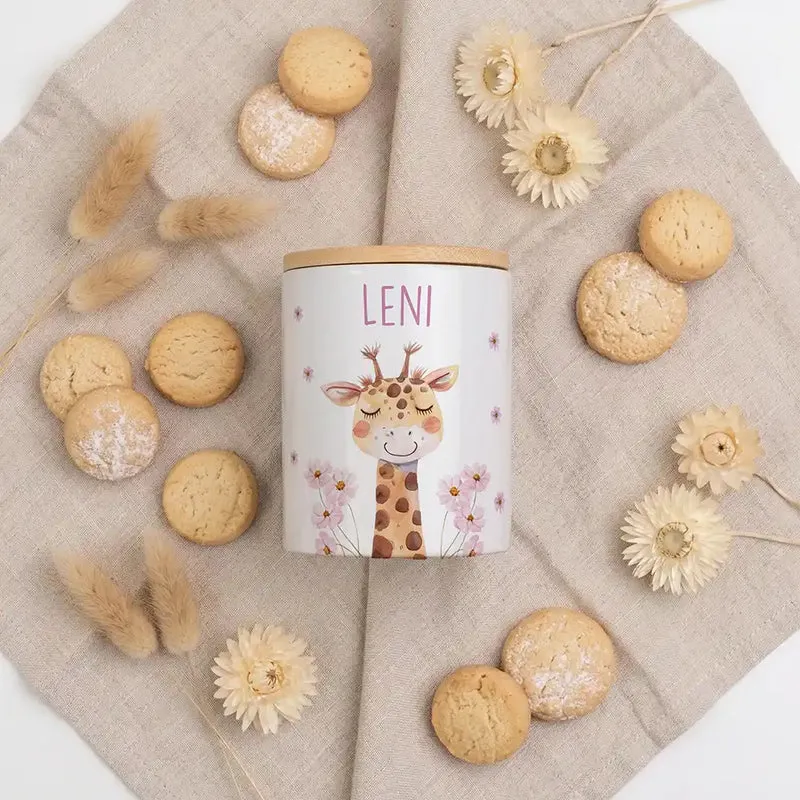 Personalisierte Keksdose Giraffe Blumen – Keramik & Bambus mit Wunschname