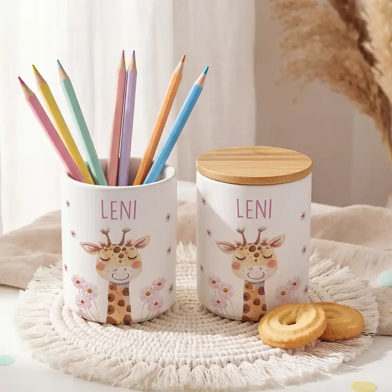 Personalisierte Keksdose Giraffe Blumen – Keramik & Bambus mit Wunschname
