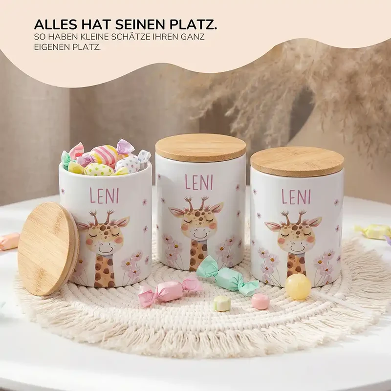 Personalisierte Keksdose Giraffe Blumen – Keramik & Bambus mit Wunschname