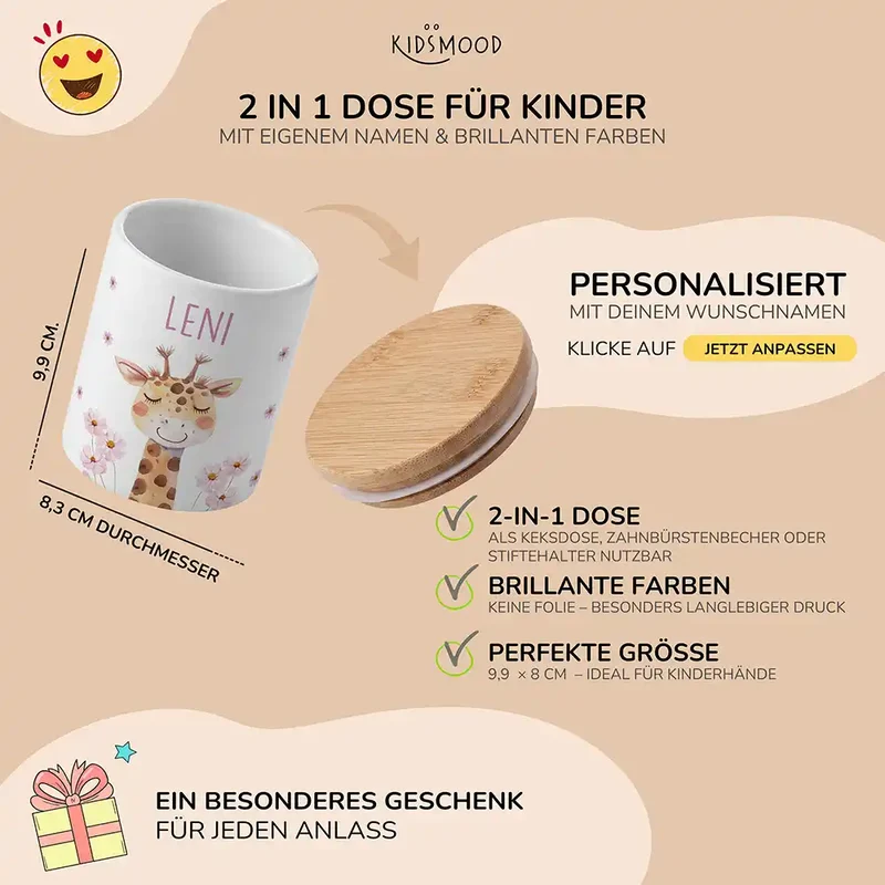 Personalisierte Keksdose Giraffe Blumen – Keramik & Bambus mit Wunschname