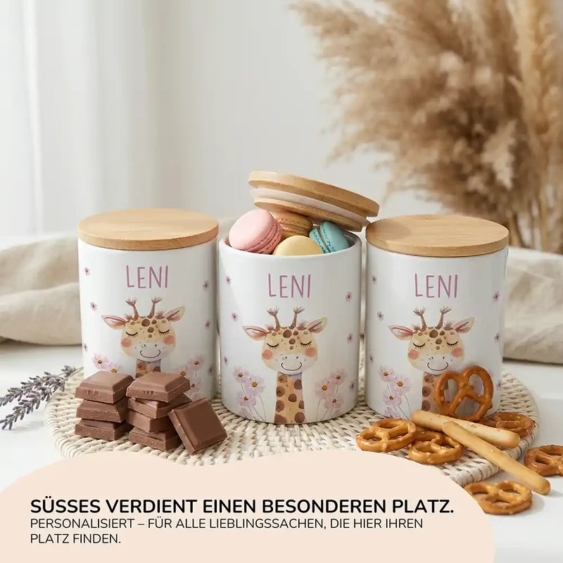Personalisierte Keksdose Giraffe Blumen – Keramik & Bambus mit Wunschname