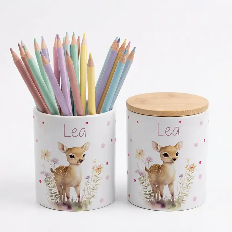 Personalisierte Keksdose Rehkitz Blumenwiese – Keramik & Bambus mit Wunschname