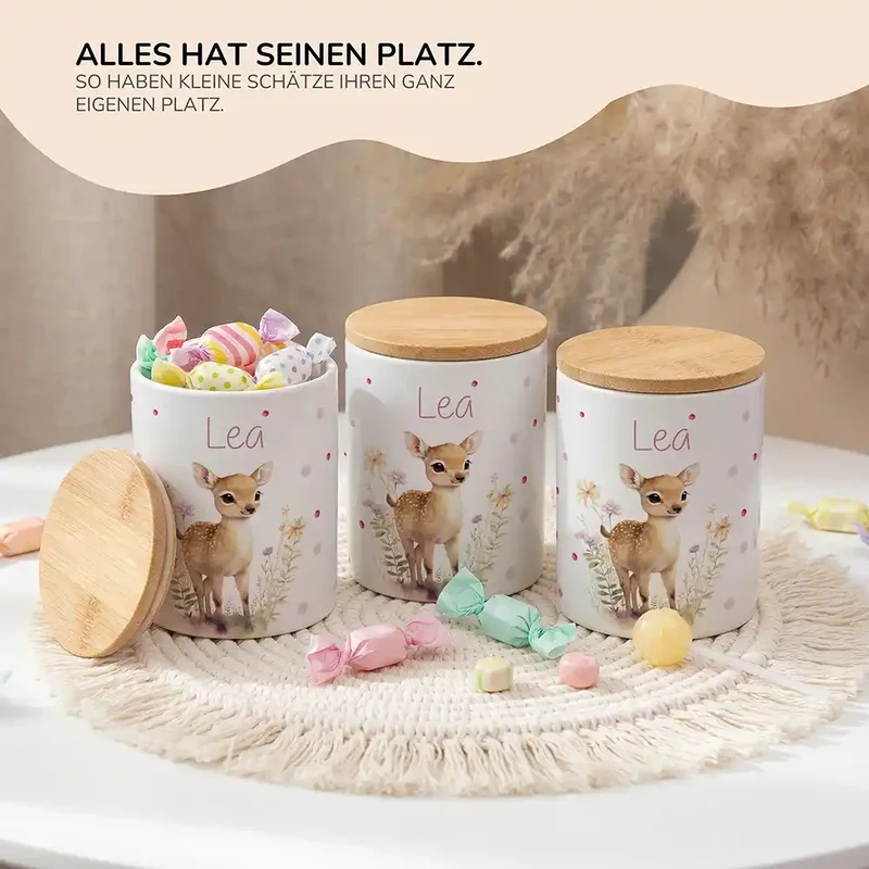 Personalisierte Keksdose Rehkitz Blumenwiese – Keramik & Bambus mit Wunschname