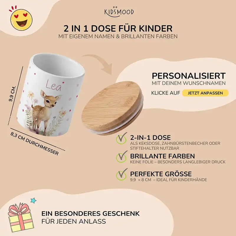 Personalisierte Keksdose Rehkitz Blumenwiese – Keramik & Bambus mit Wunschname