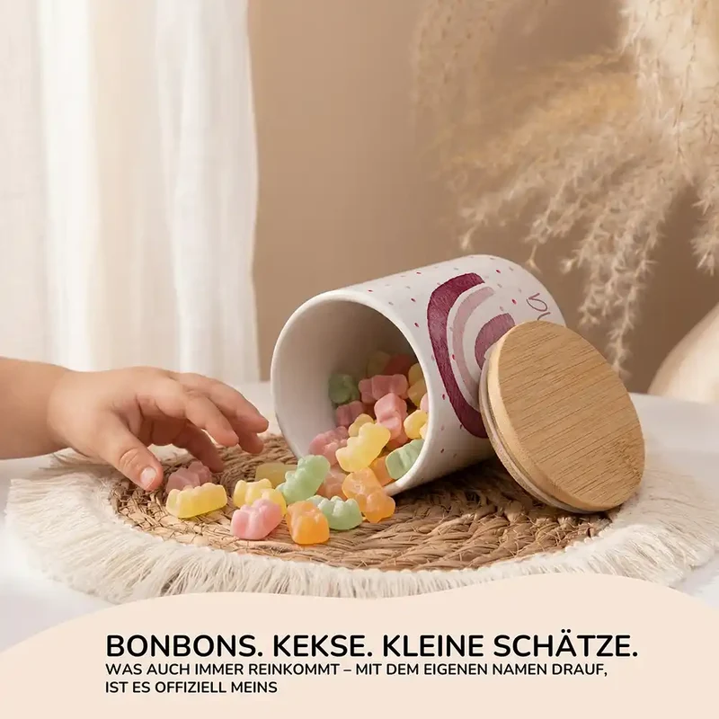 Personalisierte Keksdose Regenbogen Rosa – Keramik & Bambus mit Wunschname
