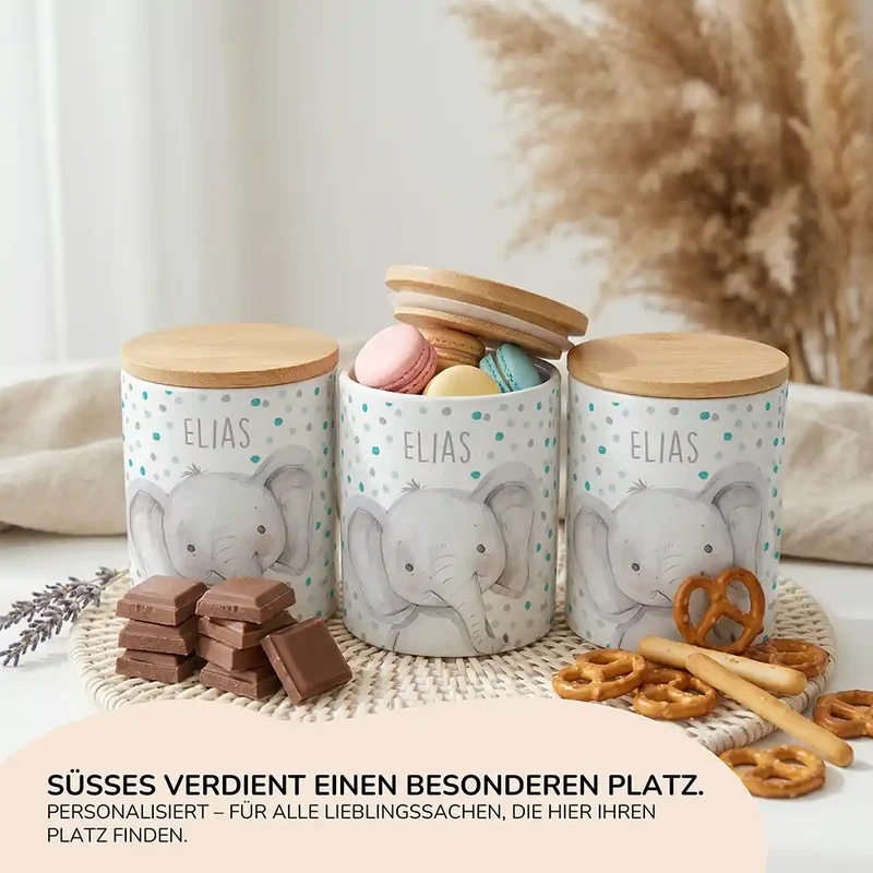 Personalisierte Keksdose Elefant Konfetti – Keramik & Bambus mit Wunschname