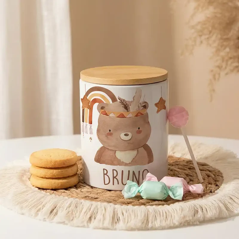 Personalisierte Keksdose Boho-Bär – Keramik & Bambus mit Wunschname