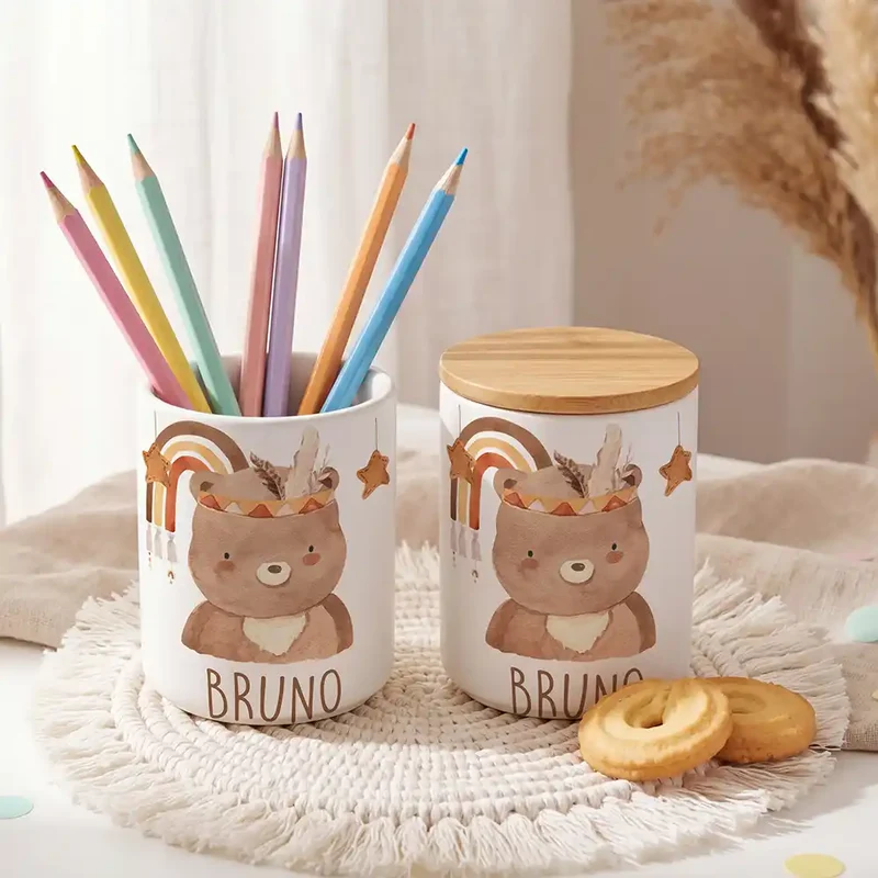 Personalisierte Keksdose Boho-Bär – Keramik & Bambus mit Wunschname