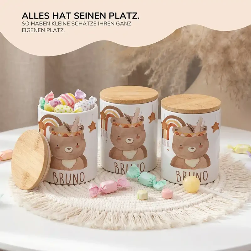 Personalisierte Keksdose Boho-Bär – Keramik & Bambus mit Wunschname