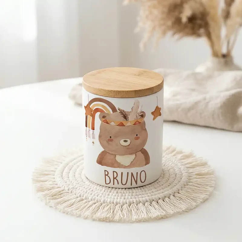 Personalisierte Keksdose Boho-Bär – Keramik & Bambus mit Wunschname