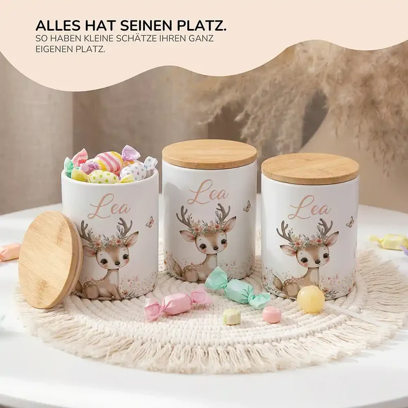 Personalisierte Keksdose Reh Blumenkranz – Keramik & Bambus mit Wunschname