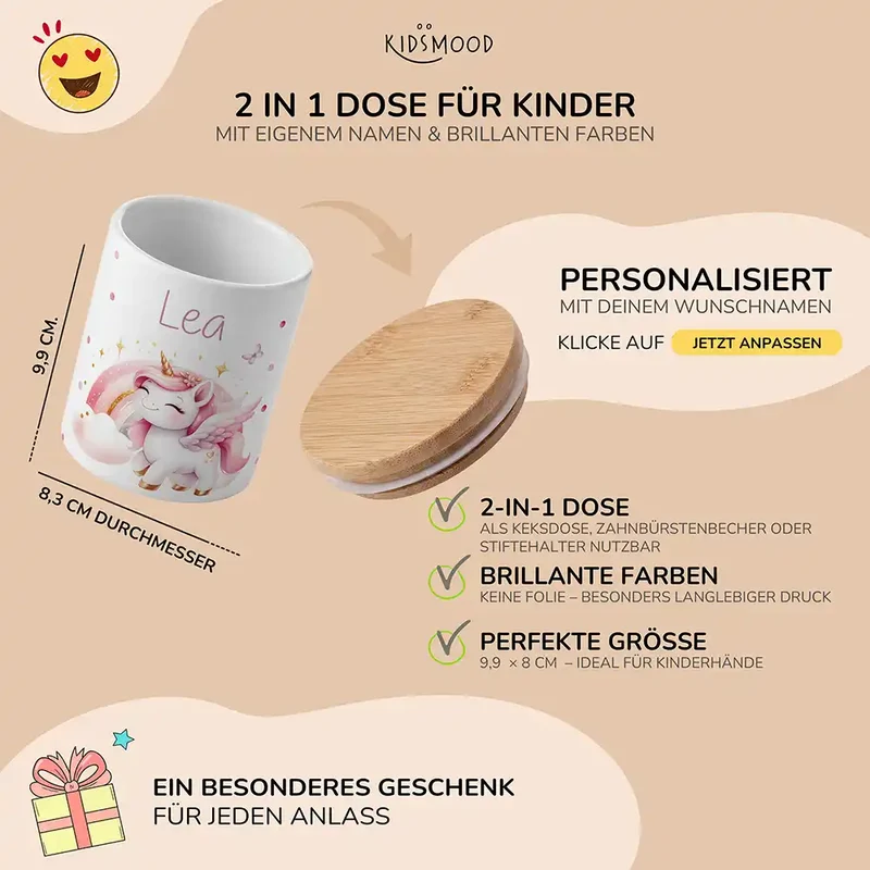 Personalisierte Keksdose Einhorn Flügel – Keramik & Bambus mit Wunschname