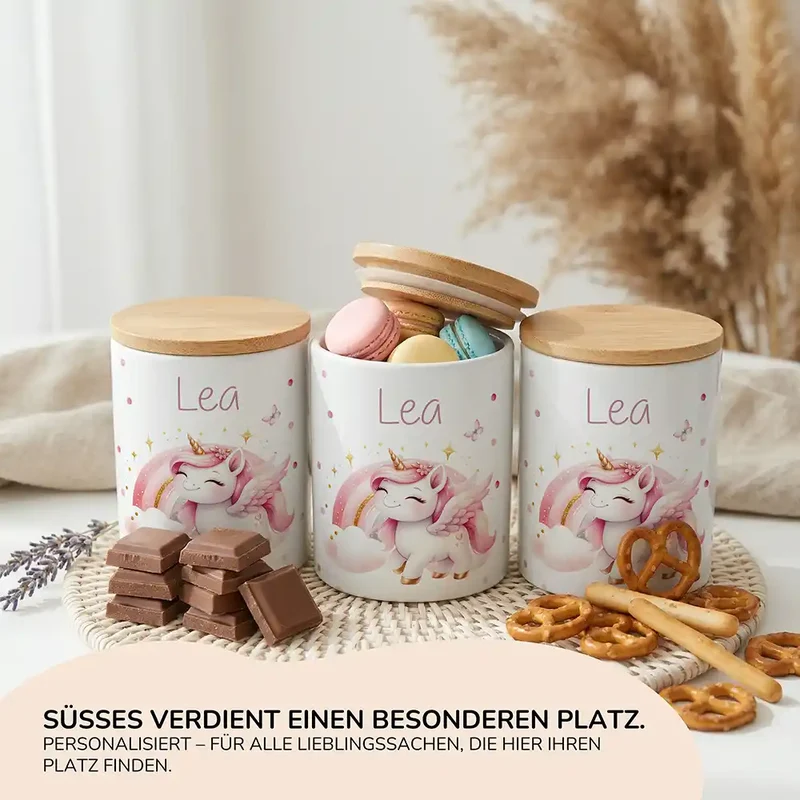 Personalisierte Keksdose Einhorn Flügel – Keramik & Bambus mit Wunschname