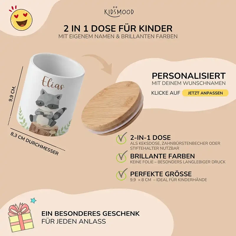 Personalisierte Keksdose Waschbär Wald – Keramik & Bambus mit Wunschname