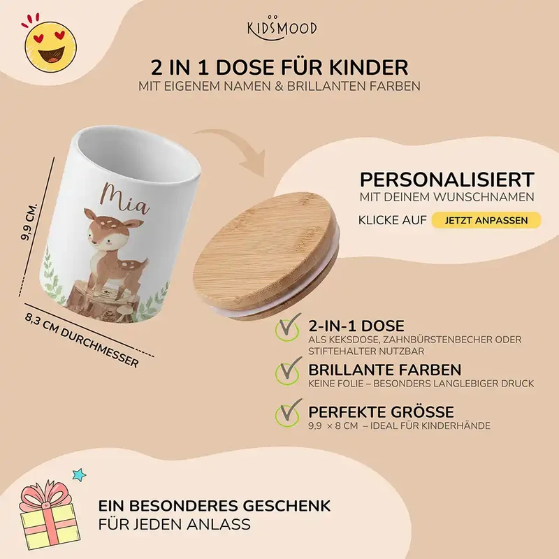 Personalisierte Keksdose Rehkitz Wald – Keramik & Bambus mit Wunschname