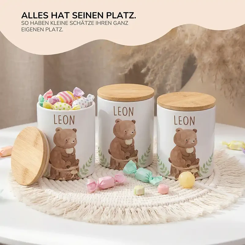 Personalisierte Keksdose Bär Wald – Keramik & Bambus mit Wunschname