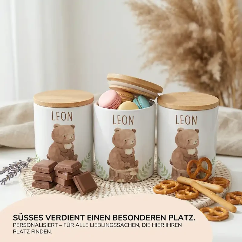 Personalisierte Keksdose Bär Wald – Keramik & Bambus mit Wunschname