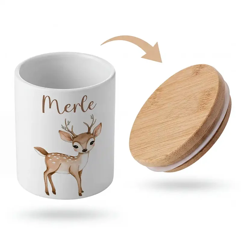 Personalisierte Keksdose Rehkitz Bambi – Keramik & Bambus mit Wunschname