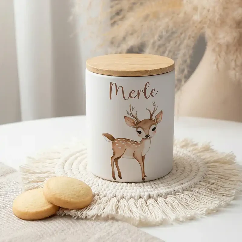 Personalisierte Keksdose Rehkitz Bambi – Keramik & Bambus mit Wunschname