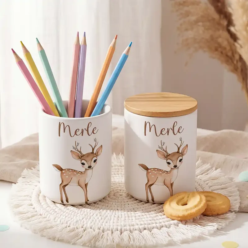 Personalisierte Keksdose Rehkitz Bambi – Keramik & Bambus mit Wunschname