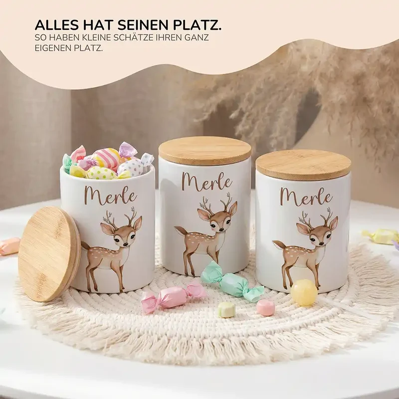 Personalisierte Keksdose Rehkitz Bambi – Keramik & Bambus mit Wunschname