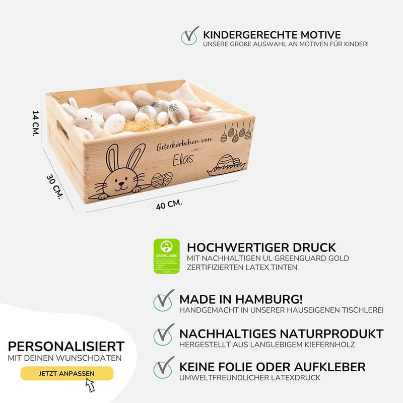 Osterkiste Holz personalisiert - Der lächelnde Hase
