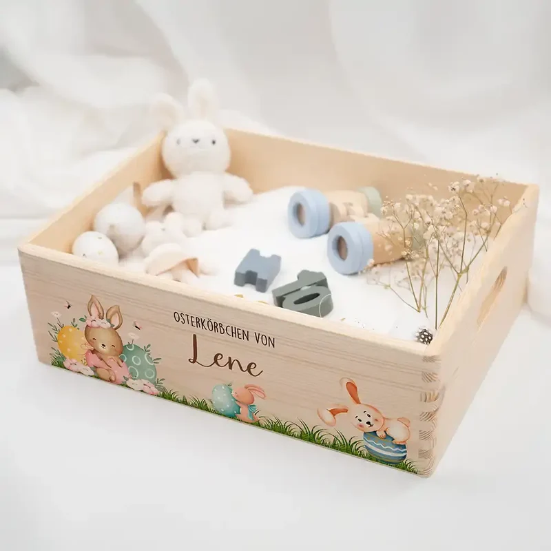 Osterkiste Holz personalisiert - Eierspaß mit Hasenbande