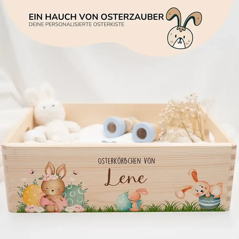 Osterkiste Holz personalisiert - Eierspaß mit Hasenbande