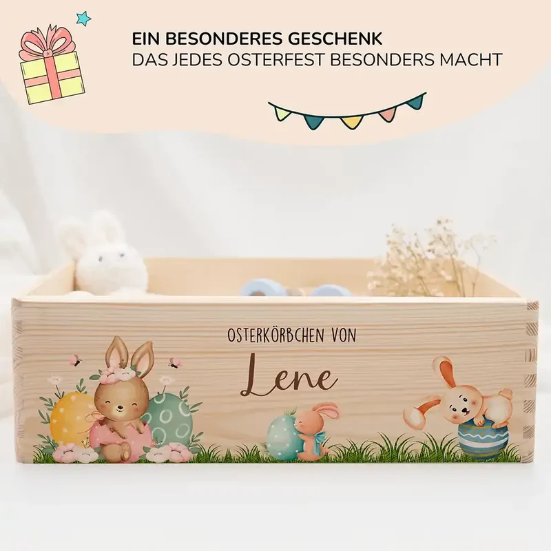 Osterkiste Holz personalisiert - Eierspaß mit Hasenbande