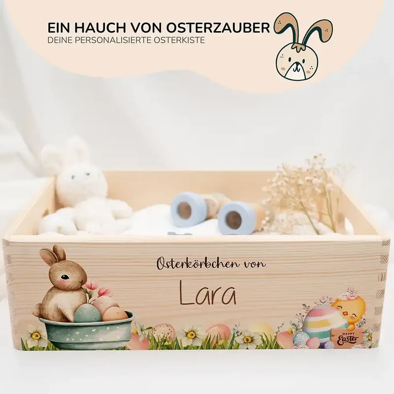 Osterkiste Holz personalisiert - Häschen im Blumenbad