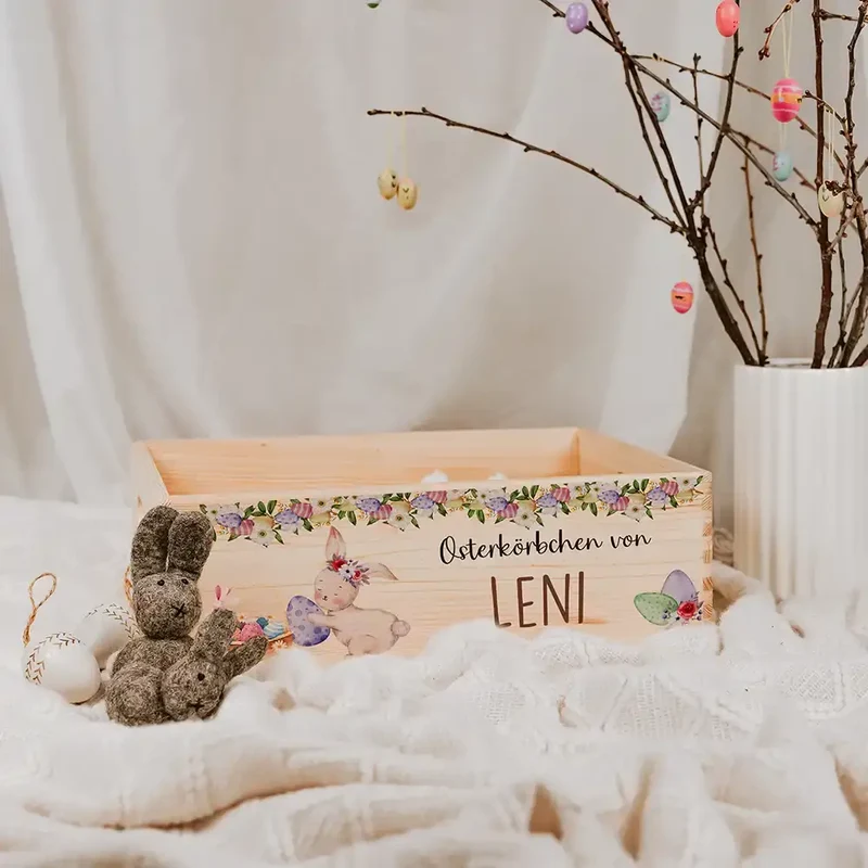 Osterkiste Holz personalisiert - Blütenranken & Häschen