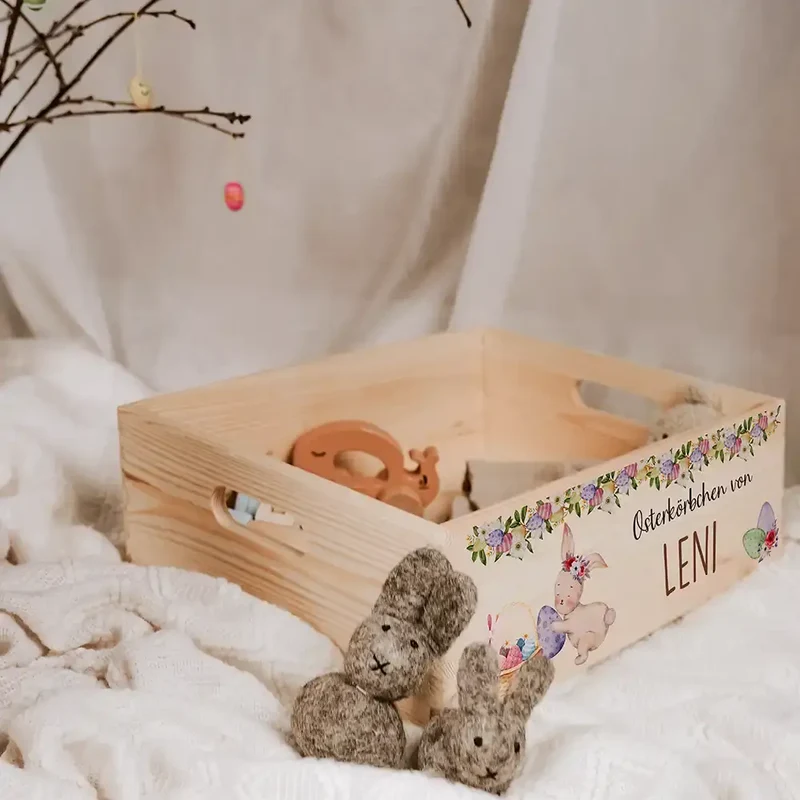 Osterkiste Holz personalisiert - Blütenranken & Häschen