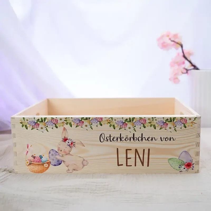 Osterkiste Holz personalisiert - Blütenranken & Häschen