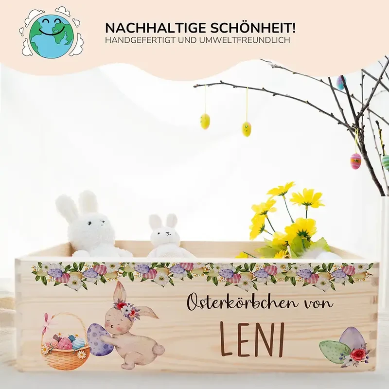 Osterkiste Holz personalisiert - Blütenranken & Häschen