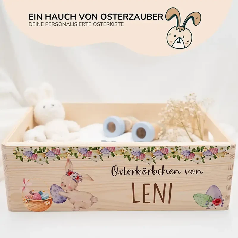 Osterkiste Holz personalisiert - Blütenranken & Häschen