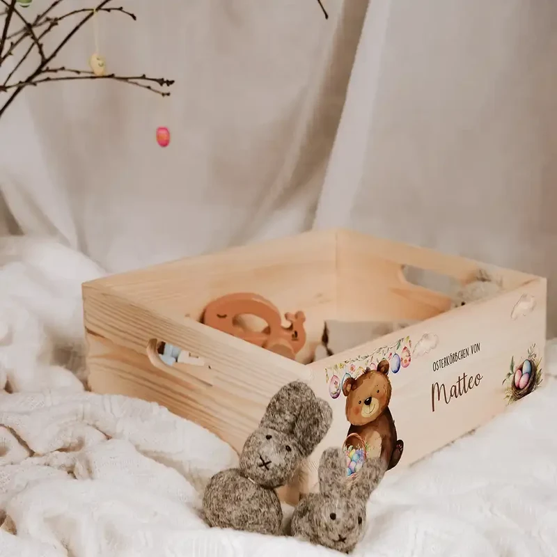 Osterkiste Holz personalisiert - Wolkenbär & Eiernest
