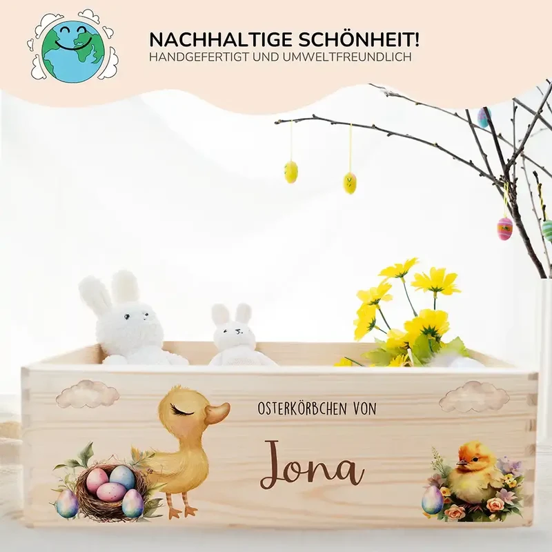 Osterkiste Holz personalisiert - Träumende Küken im Wolkenhimmel