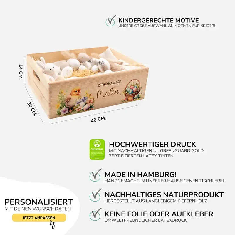 Osterkiste Holz personalisiert - Küken im Blumengarten