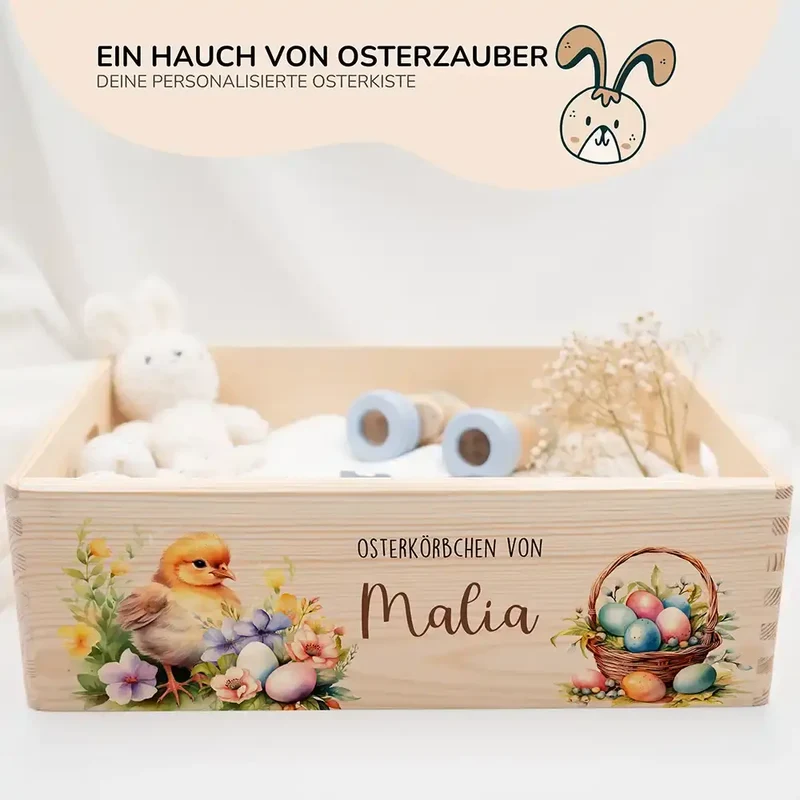 Osterkiste Holz personalisiert - Küken im Blumengarten