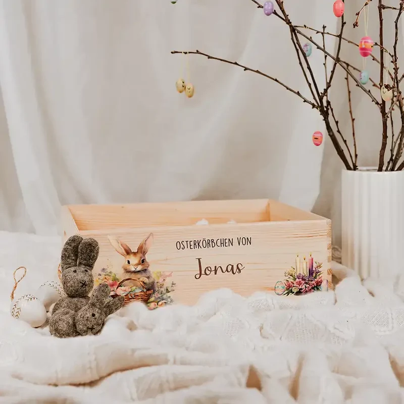 Osterkiste Holz personalisiert - Osterhase mit Kerzen