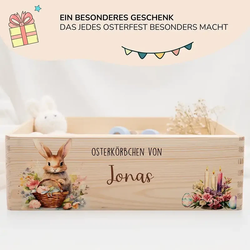 Osterkiste Holz personalisiert - Osterhase mit Kerzen