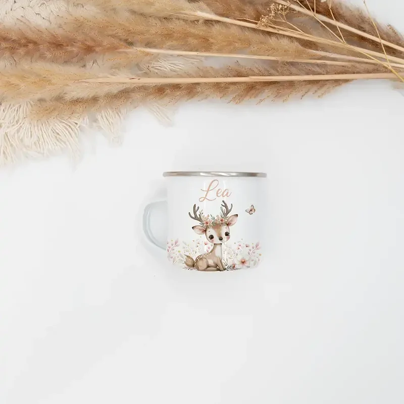 Emaille Tasse personalisiert - Reh und Schmetterling