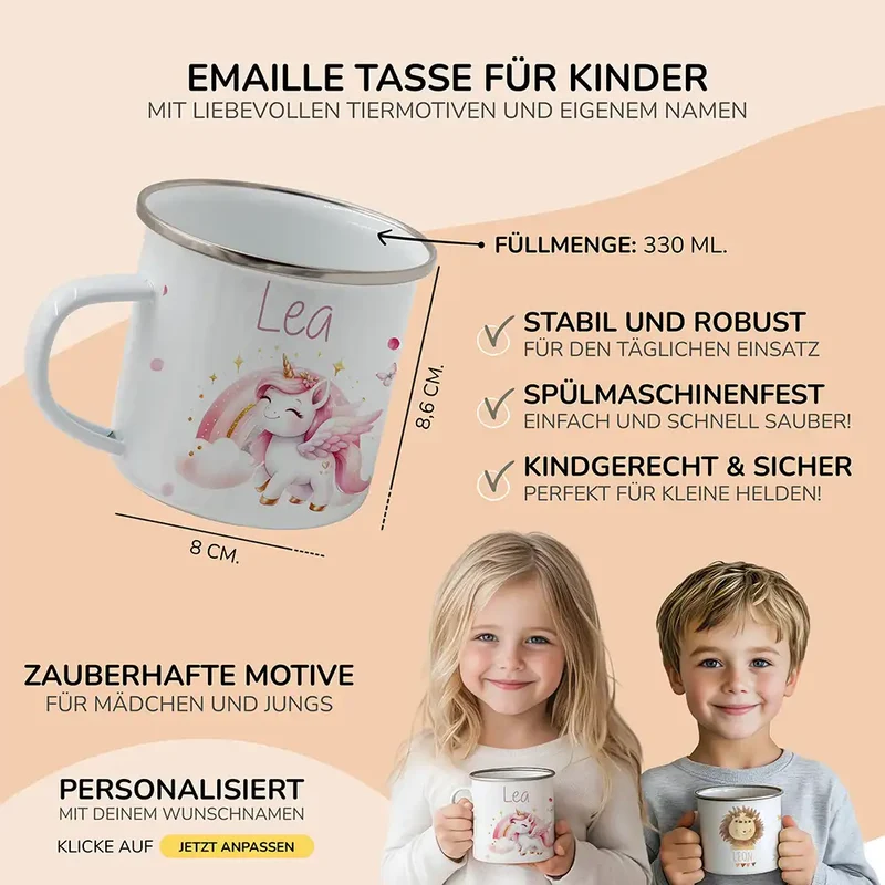Emaille Tasse personalisiert - Einhorn und Sterne