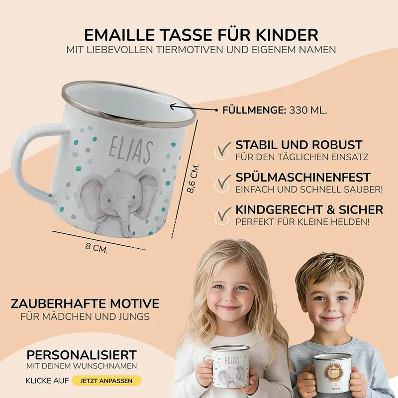 Emaille Tasse personalisiert - Elefant mit Punkten