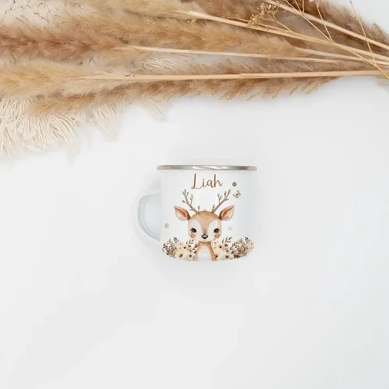 Emaille Tasse personalisiert - Rentier mit Blumen