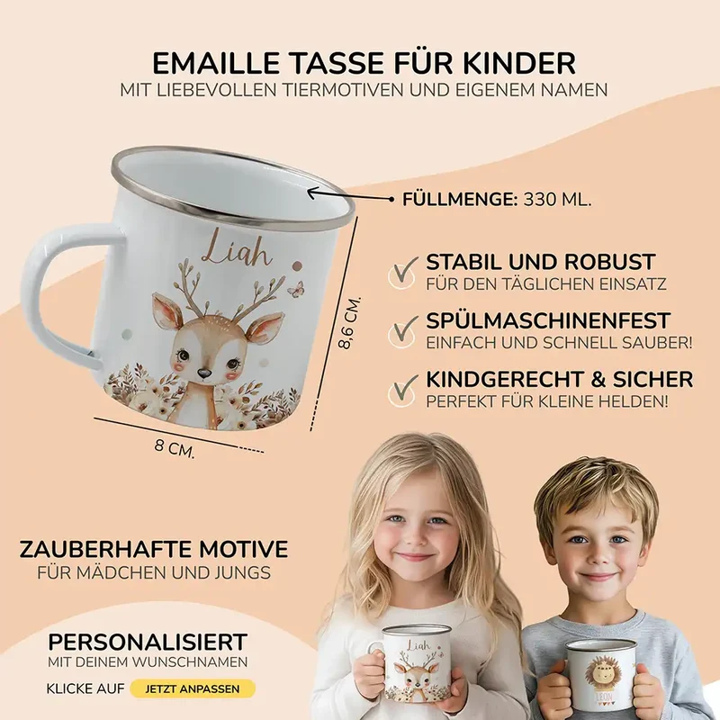 Emaille Tasse personalisiert - Rentier mit Blumen