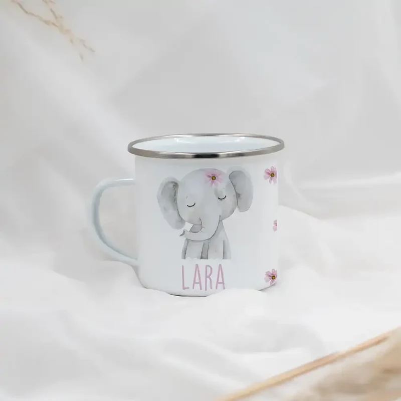 Emaille Tasse personalisiert - Elefant mit Blumen